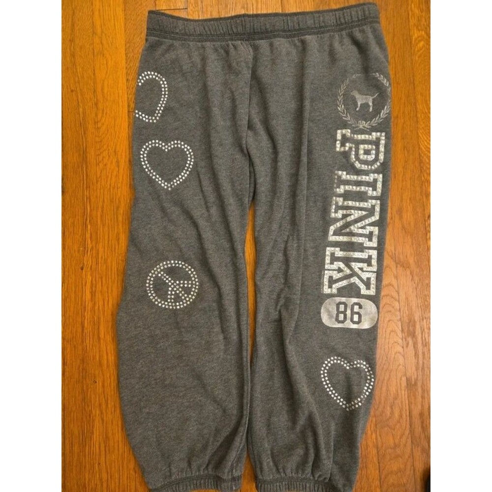 Vintage Victoria's Secret PINK Grey Bling Bedazzled Rhinestone Crop Sweatpants